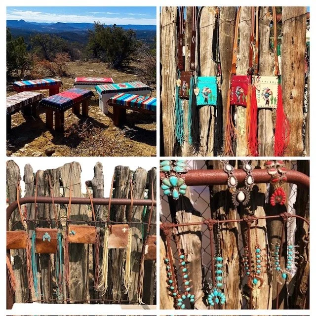A collage of four images showing an outdoor rustic setting with handcrafted items. The top left displays colorful, striped benches on a hill overlooking a landscape. The top right shows small, colorful handbags or pouches hanging on a wooden fence. T