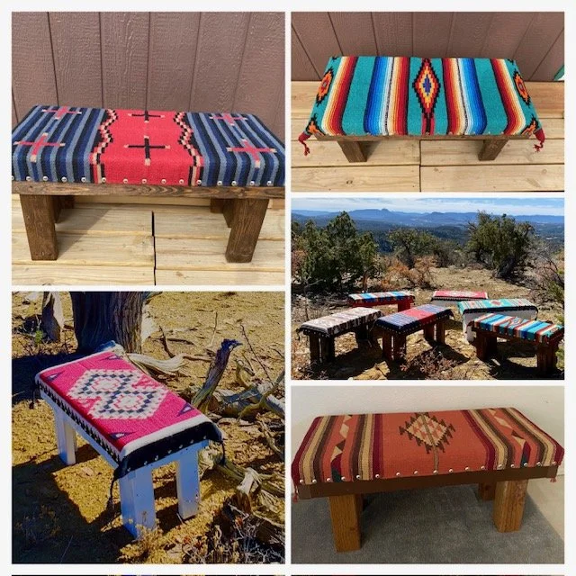 Collage of five images showing wooden benches with colorful, patterned textiles, in various outdoor and indoor settings.