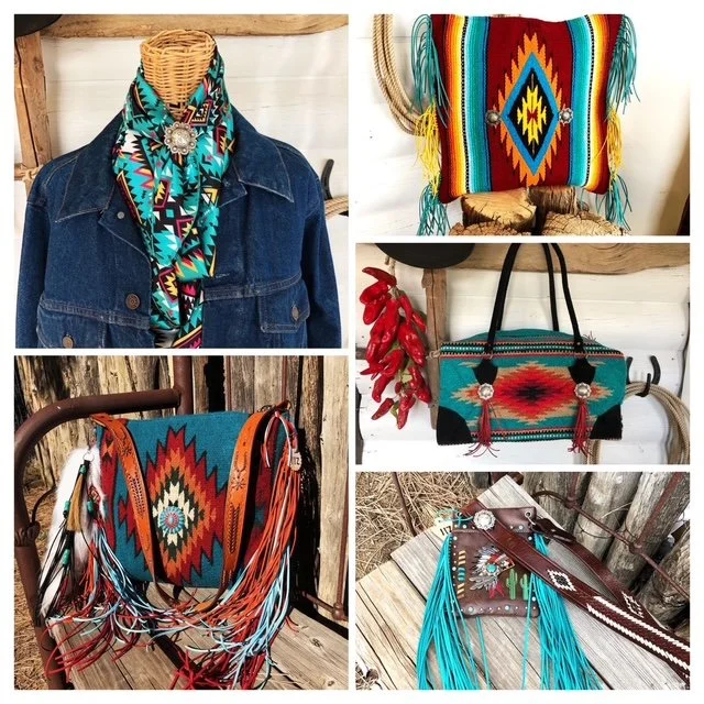 A display of Indigenous-style clothing and accessories, including a denim jacket with a colorful southwestern scarf, a patterned bag with fringe, a multicolored woven bag, a necklace with red chili peppers, and a leather belt with turquoise beads and