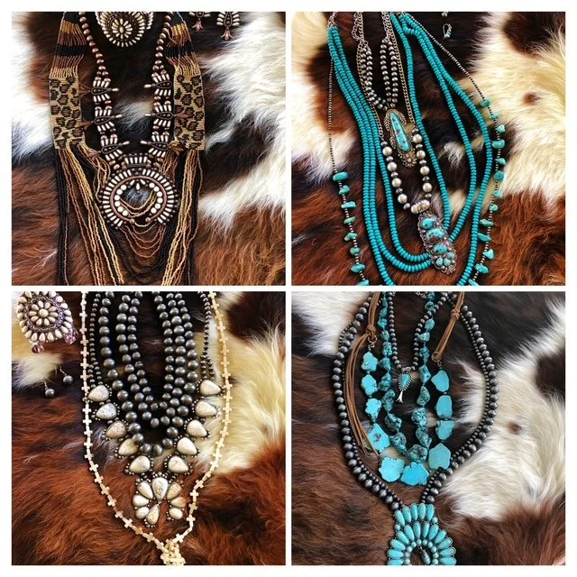 Four images of layered tribal-style necklaces with beads and stones, displayed on animal fur.