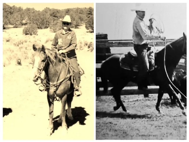 Two black-and-white photos of men riding horses. The man on the left wears a hat and sunglasses, holding the reins while sitting on a horse in a natural setting. The man on the right, also wearing a hat, is holding something in his hand while sitting