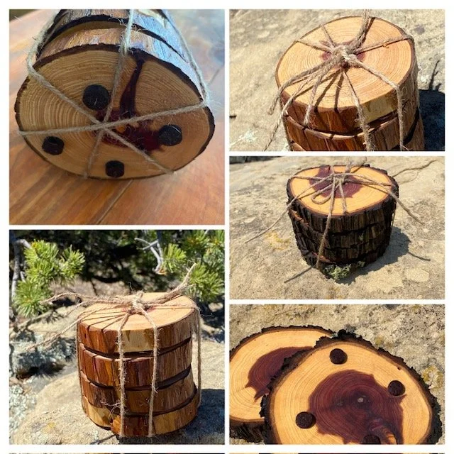 Collection of wood slices tied together with string, resembling small logs or wood discs. Some have black dots on them, placed as face features.