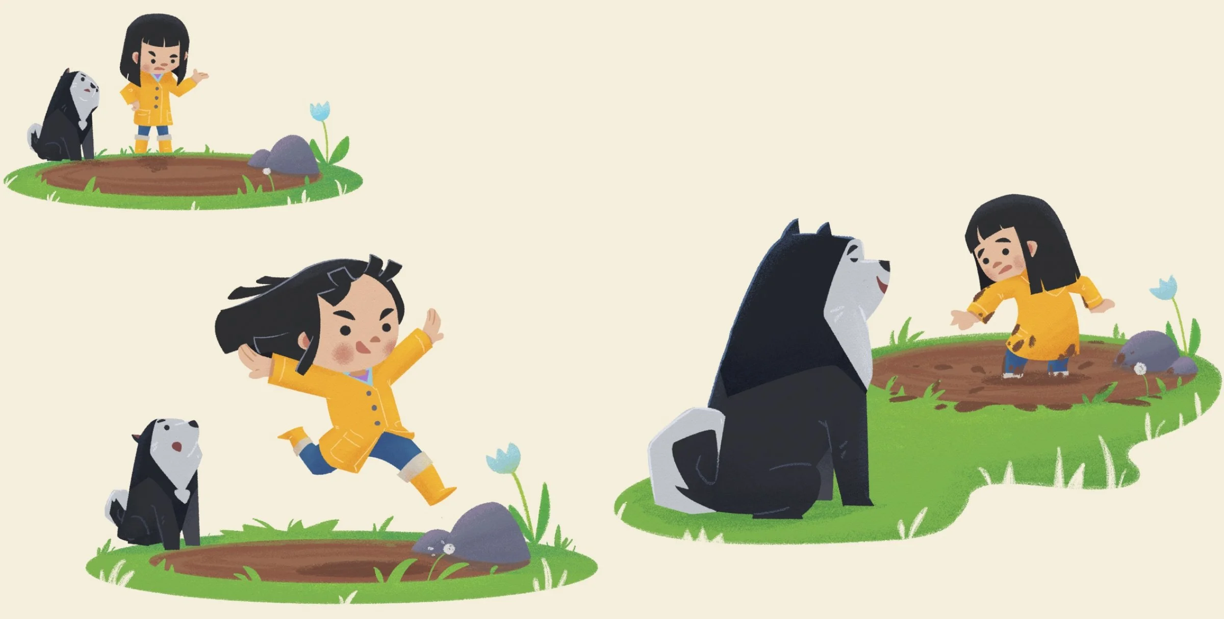 Sequential children's book art showing a young girl in a yellow raincoat jumping enthusiastically into a muddy puddle while her black and white Chow Chow dog watches.
