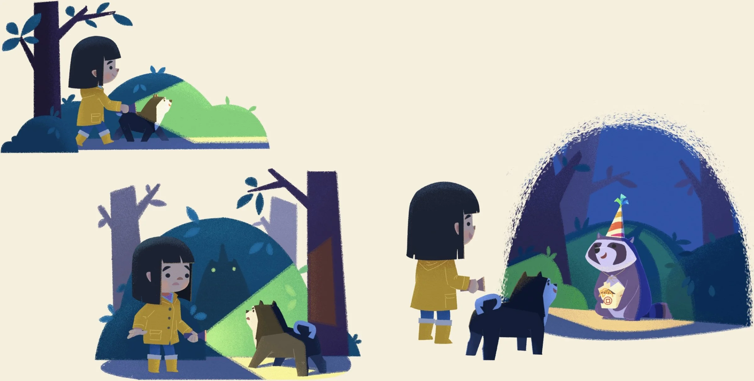 Sequential children's book art showing Ellie walking through a forest, and discovering a shadow inside a bush that turns out to be a raccoon, accompanied by her Chow Chow dog Teddi.