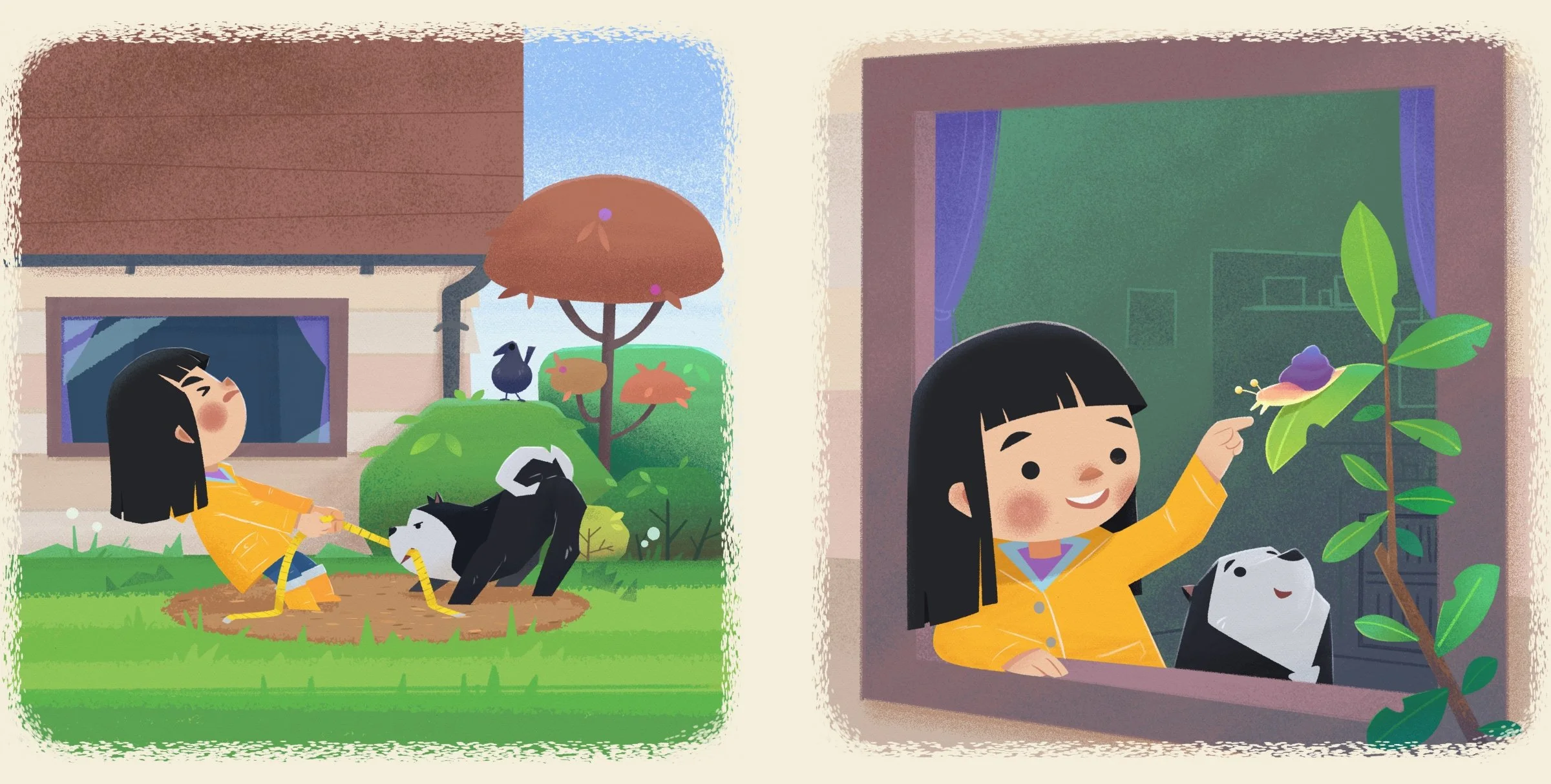 Two framed vignette illustrations showing Ellie and her dog, Teddi in a tug o war, and Ellie reaching out a house window to touch a snail..
