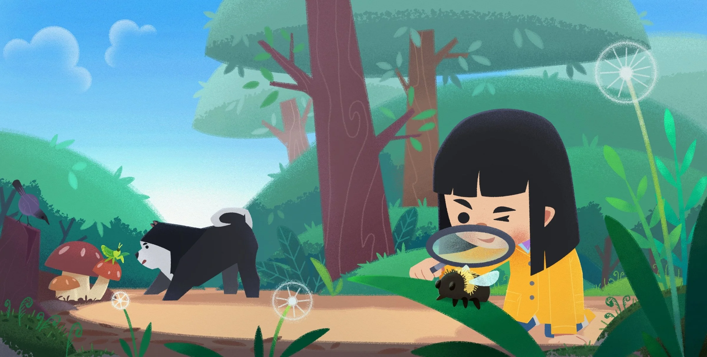 Children's book illustration of Ellie using a magnifying glass to examine a honey bee in a lush green forest while her Chow Chow dog sniffs the ground nearby.