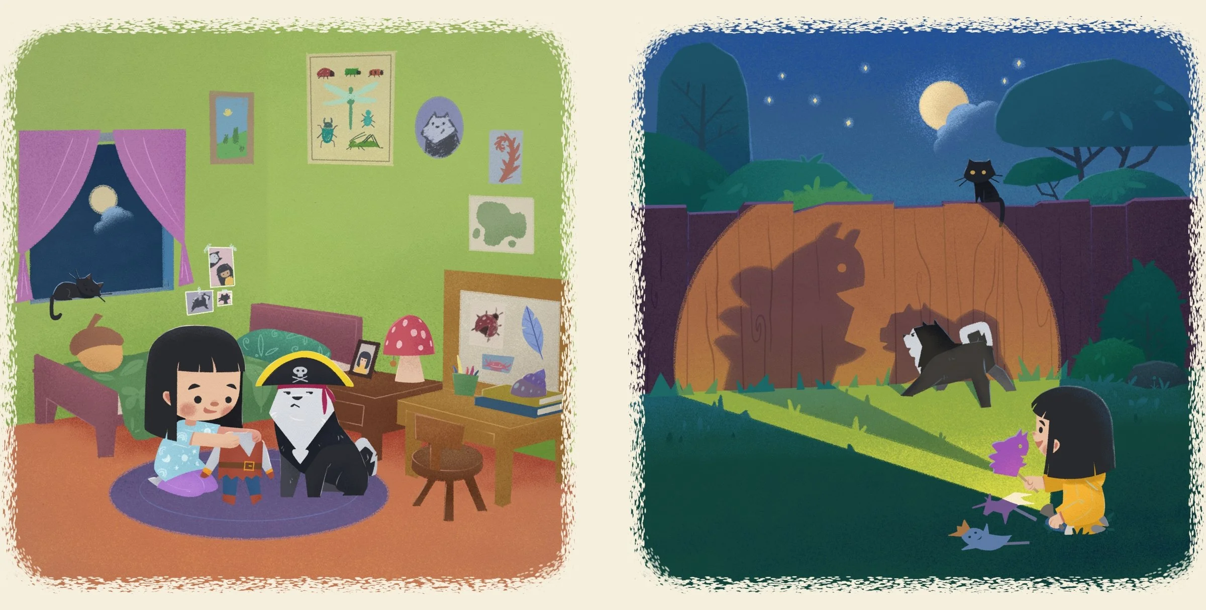 Two framed vignette illustrations showing Ellie and Teddi playing dress-up on a bedroom rug, and the duo sitting outside at night projecting shadow from a flashlight beam.