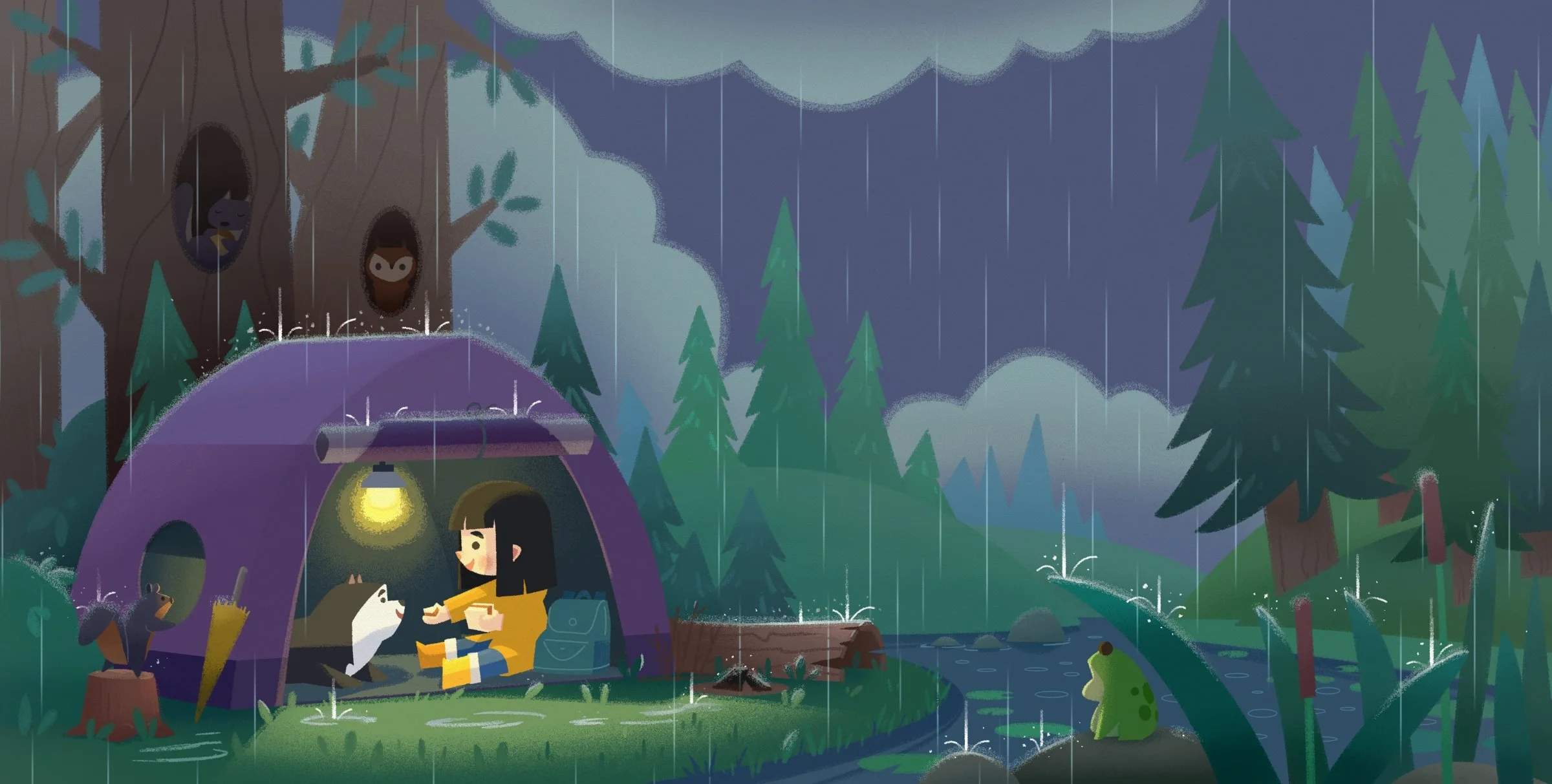 Atmospheric children's book illustration of Ellie and her Chow Chow dog sitting inside a glowing purple camping tent in a dark, rainy forest at night.