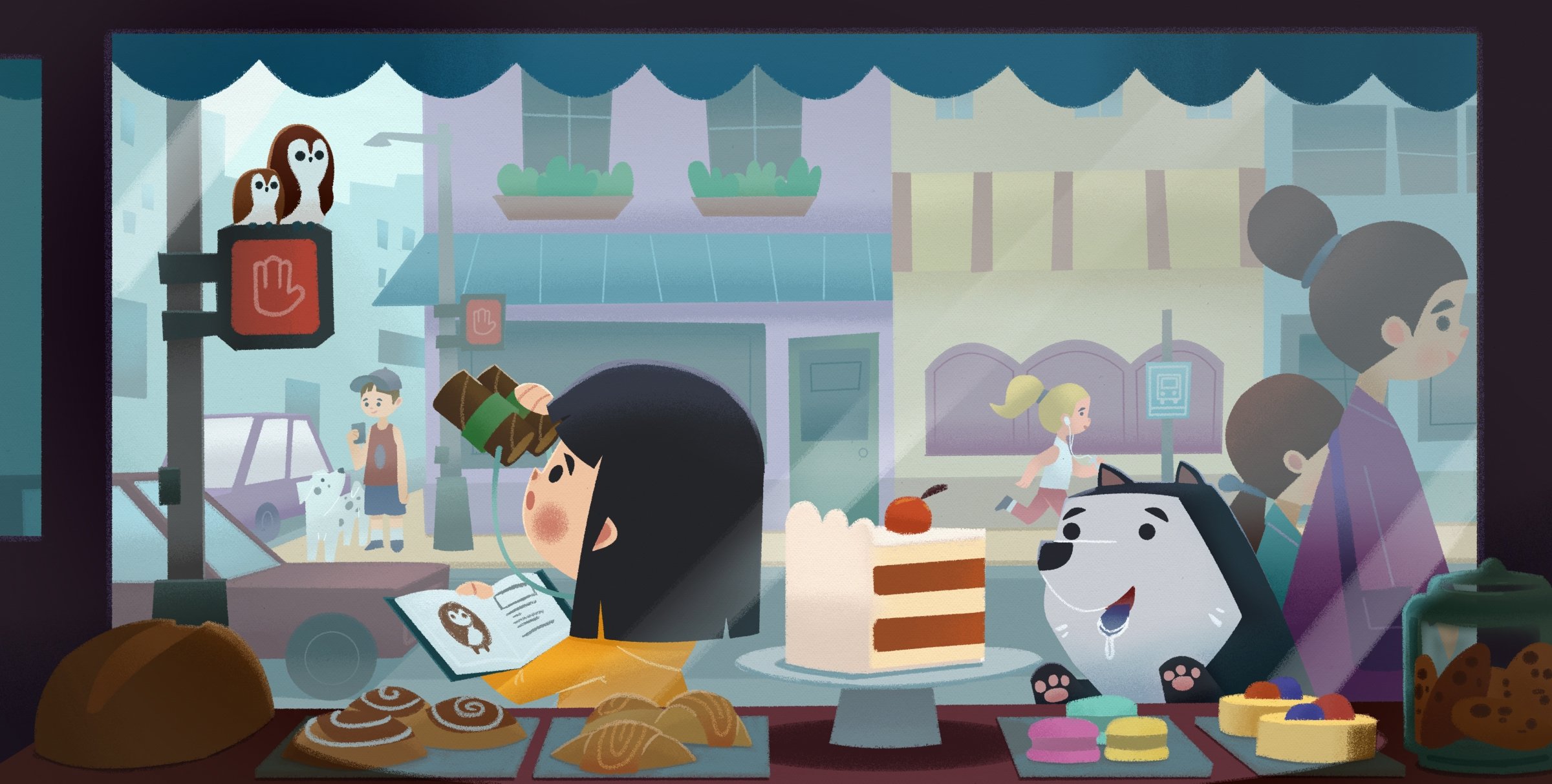 Children's book illustration of Ellie and her Chow Chow dog Teddi looking eagerly through a glass bakery window at a decorated cake.