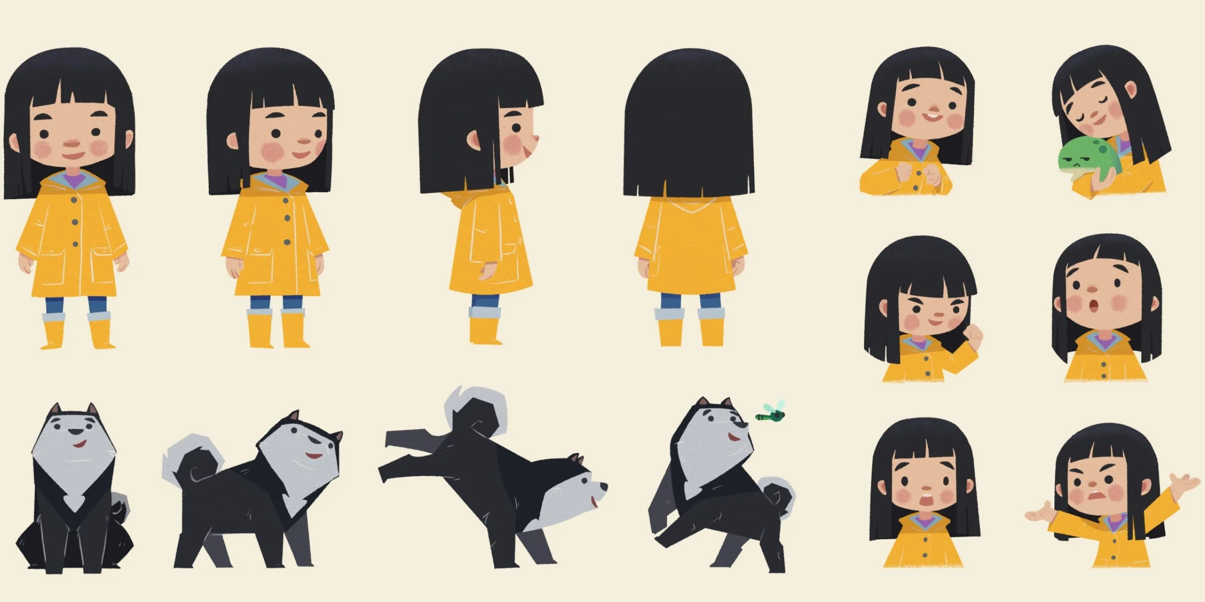 Character model sheet for a children's book featuring full-body turnaround poses and various facial expressions for a young girl named Ellie and her fluffy Chow Chow dog Teddi.