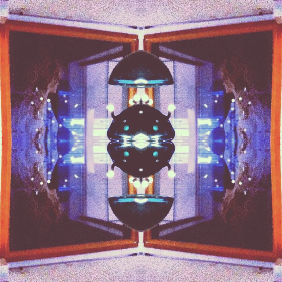 A mirror reflecting a room with a window and ceiling light fixture, creating a symmetrical, kaleidoscope-like effect with the reflection of the room.
