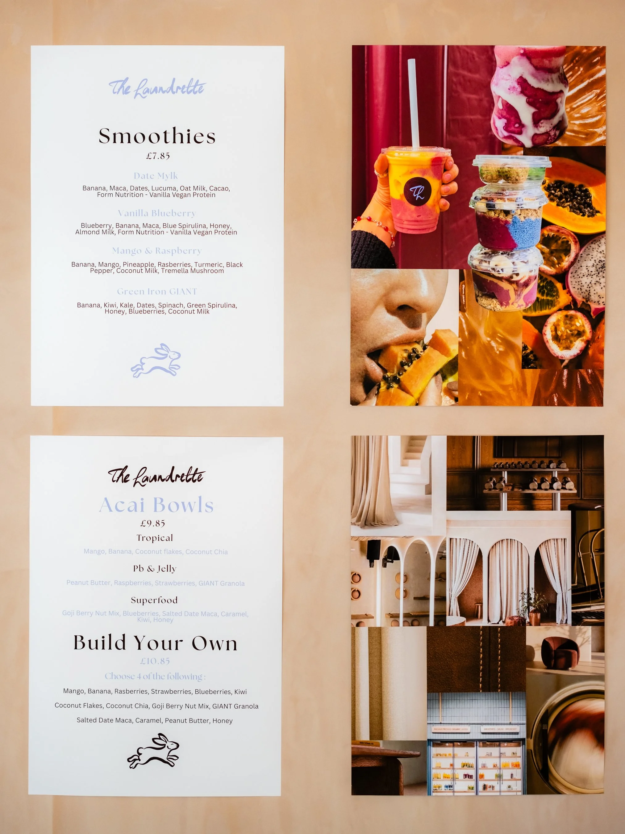 A menu for smoothies and acai bowls from The Laundrette, with colorful photographs of smoothies and interior decor of the shop.