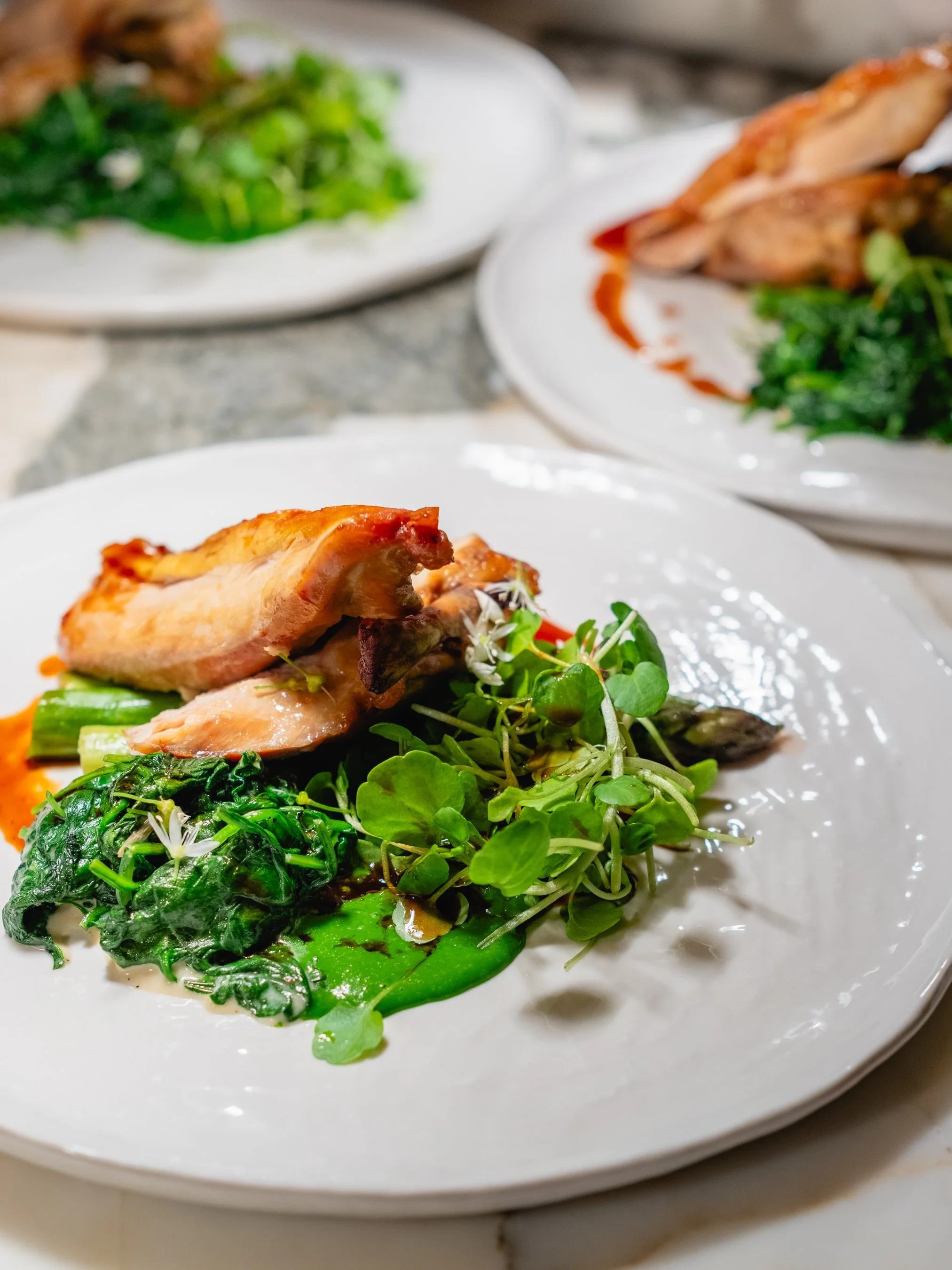 A plated dish featuring a piece of cooked chicken topped with greens and microgreens, with a side of cooked leafy vegetables on a white plate.