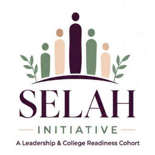Logo for the Selah Initiative featuring five stylized human figures on a curved line with leaves, and text indicating a leadership and college readiness cohort.