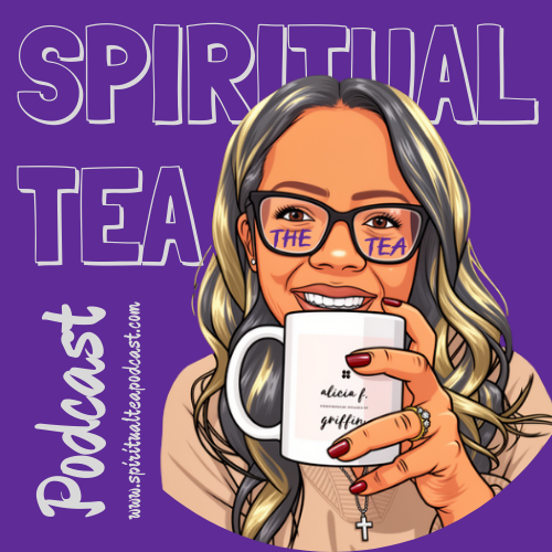 An illustrated woman with long blonde hair and glasses with the words "The Tea" in the lenses, smiling and holding a white mug with the word "alicia f. griffin" written on it, set against a purple background with the words "Spiritual Tea" and "Podcast."