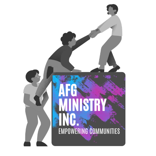 Three children working together to place a large block with the logo and text 'AFG Ministry Inc. Empowering Communities' onto a pedestal.