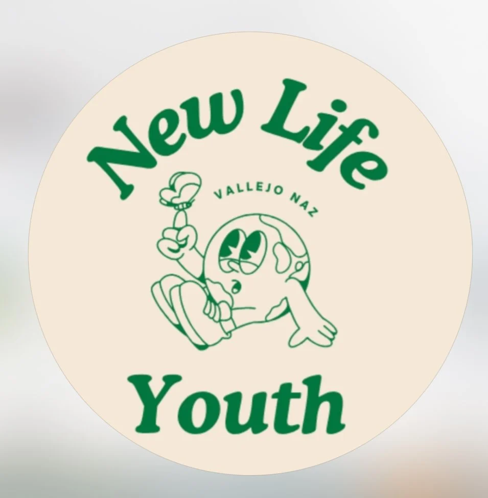 Logo with text 'New Life Youth' and a cartoon Earth character holding a flower, with the words 'Vallejo Naz' above the Earth.