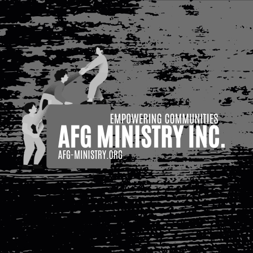 Illustration of three figures lifting a large block with the words 'AFG Ministry Inc.' and 'Empowering Communities' on it, with the website address 'AFG-MINISTRY.ORG' below.