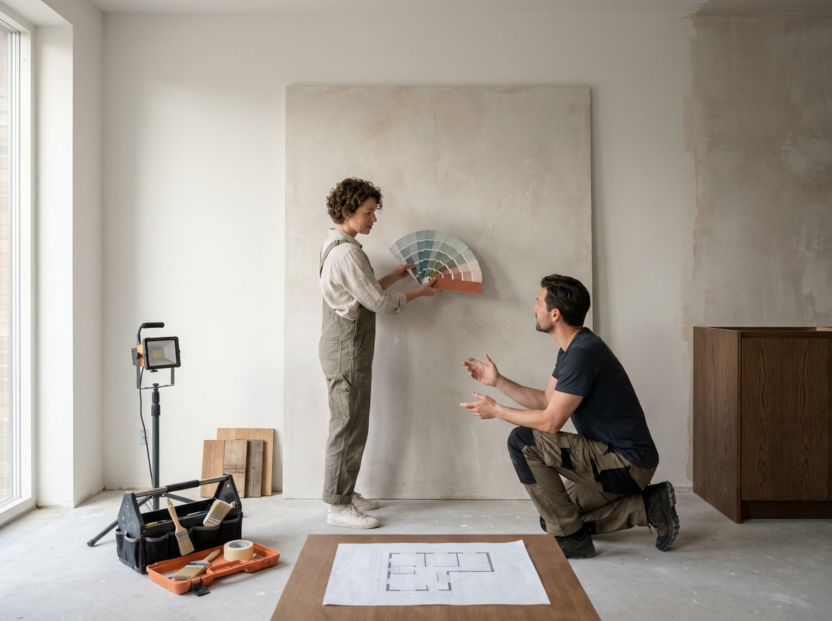 A woman showing a color palette to a man in a room under renovation. The room has construction tools and a floor plan on a table.