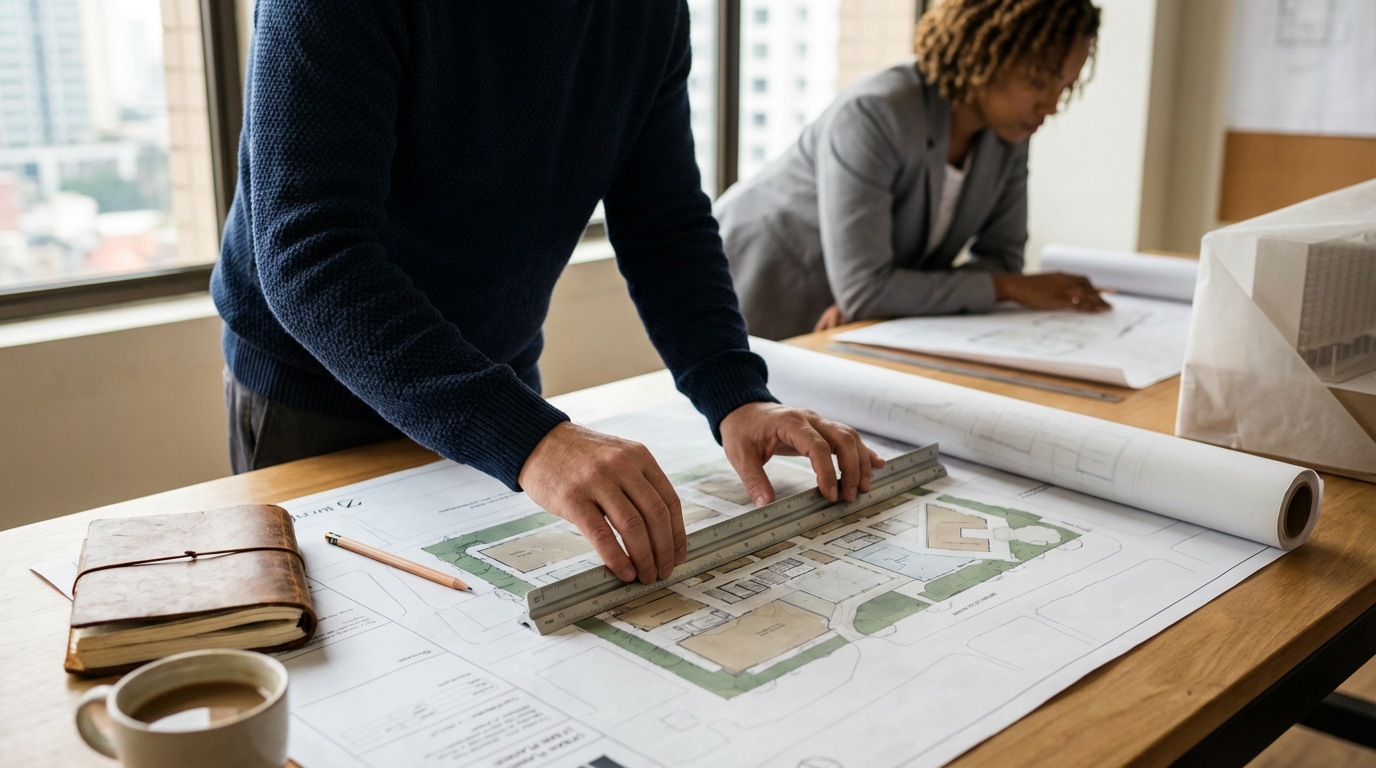 Two people working on architectural plans at a table, with one using a ruler to measure a blueprint and the other reviewing documents.