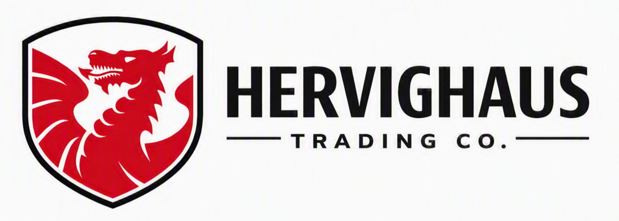 Logo of Hervighaus Trading Co. featuring a red dragon inside a shield.