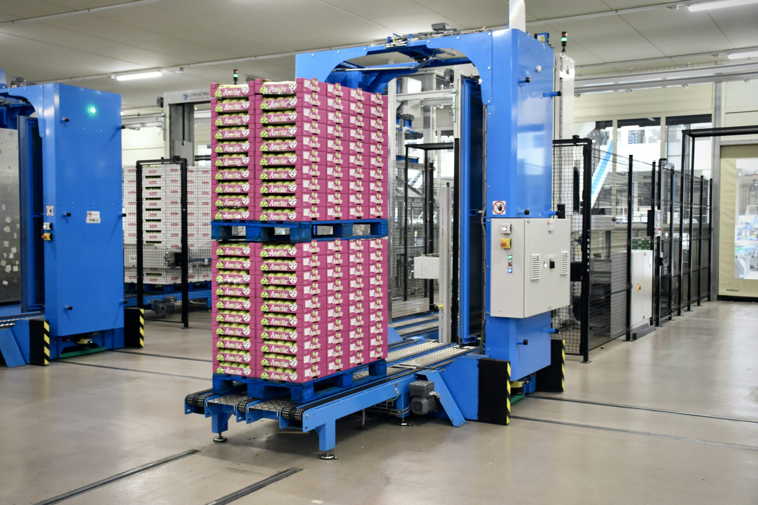 A blue automated conveyor system stacking pink boxes labeled 'Amelie' with a green helmet icon in a warehouse or manufacturing facility.