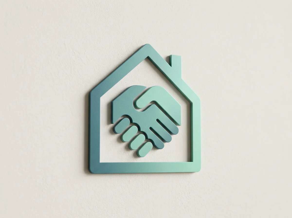 County Property Advisors Logo. A teal house-shaped wall decoration featuring a handshake symbol, representing custom solution or real estate agreement.