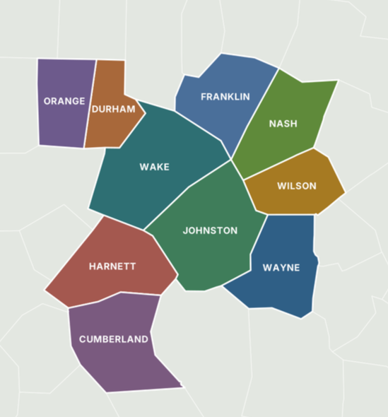 Color-coded map of North Carolina counties that County Property Advisors serves including Orange, Durham, Franklin, Nash, Wilson, Wake, Johnston, Wayne, Harnett, and Cumberland.