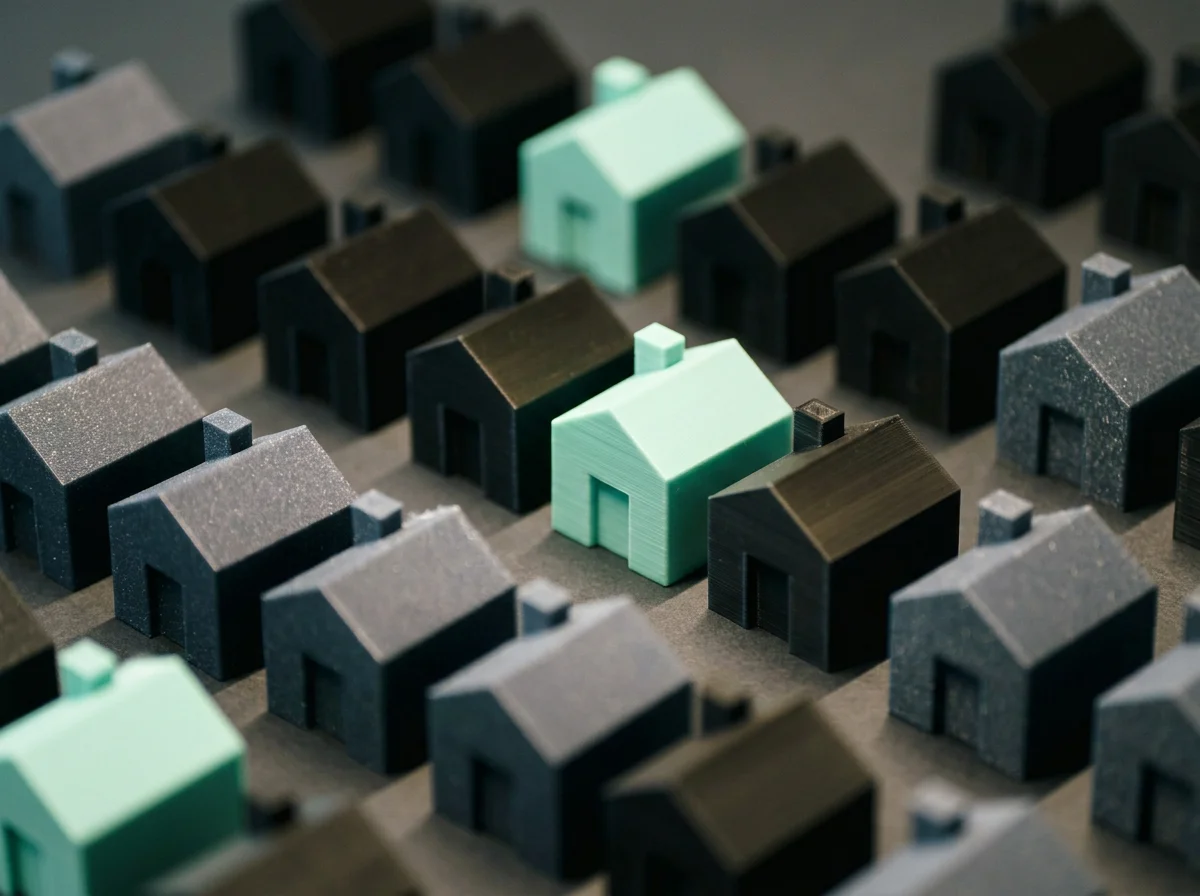 County Property Advisors offers custom solutions for property sales. Miniature model neighborhood with rows of dark houses and several mint-green houses
