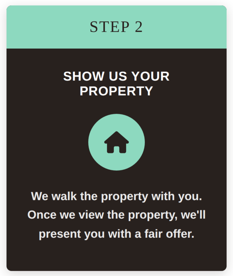 County Property Advisors Step 2 graphic: “Show us your property,” with a house icon and text explaining that the property will be inspected before presenting a fair offer. Serving Eastern North Carolina.