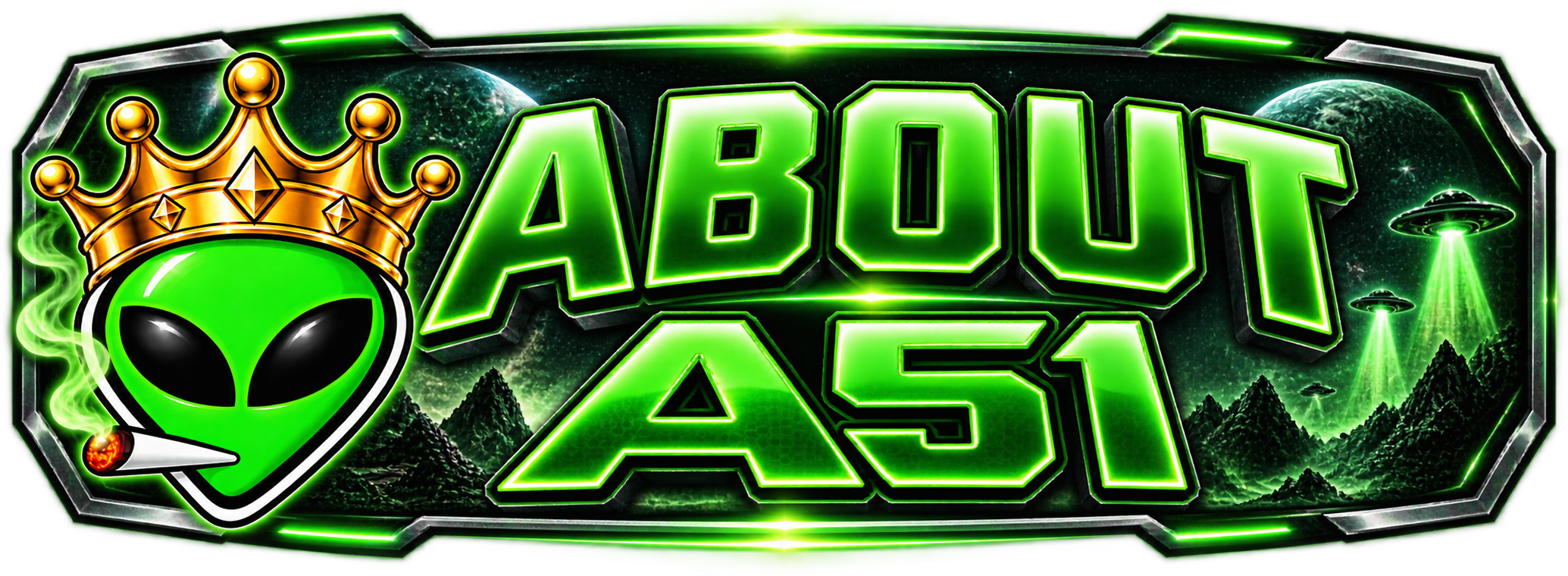 A neon-style graphic featuring a green alien head with black eyes, wearing a gold crown, and smoking a cigarette. The background shows planets and UFOs in a space scene. The text 'ABOUT A51' is displayed in bright green with black outlines.