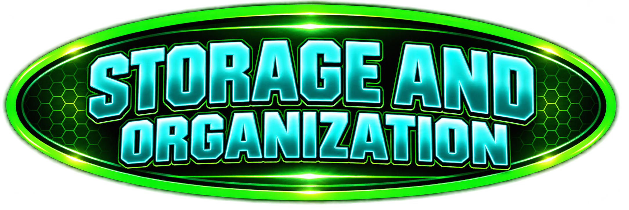 Bright neon sign with the words 'Storage and Organization' in large, glowing blue letters, surrounded by green glowing accents and a honeycomb pattern background.