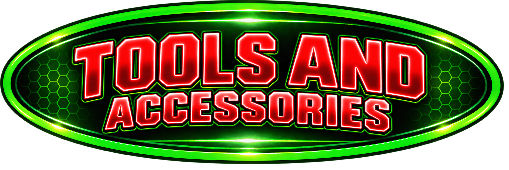 Neon sign for 'TOLSAND ACCESSORIES' with green and red glowing text and a hexagonal pattern background.