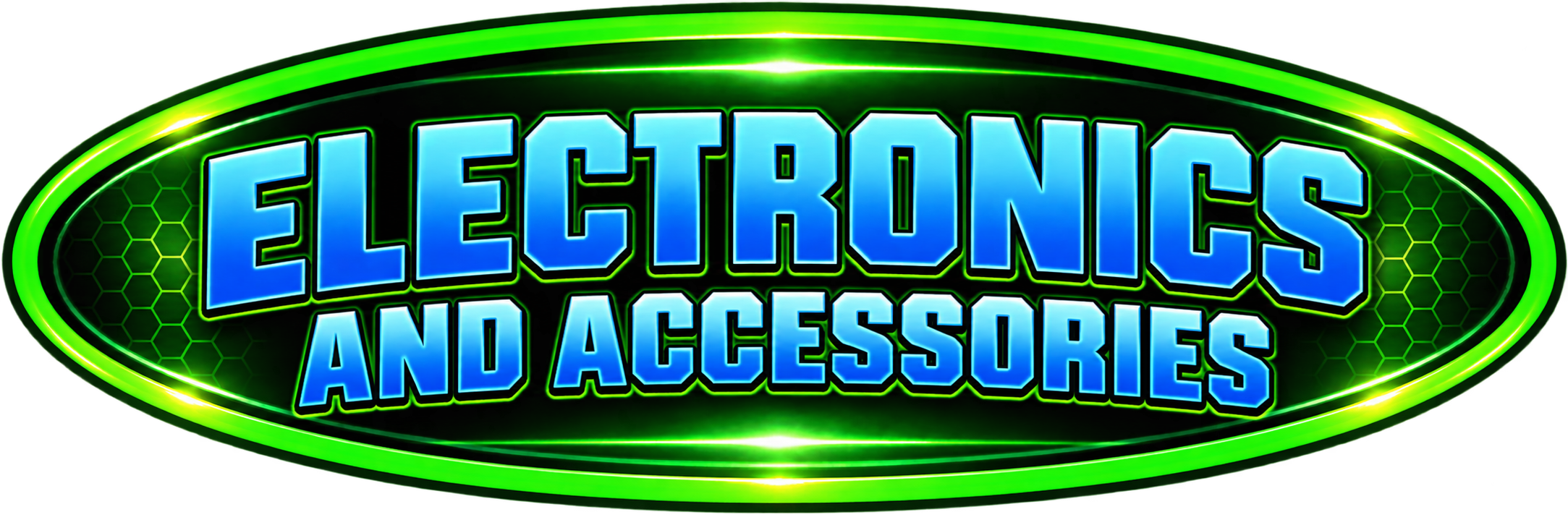 Bright green and black neon sign with the text "Electronics and Accessories" in blue, outlined in black, set against a honeycomb pattern background.