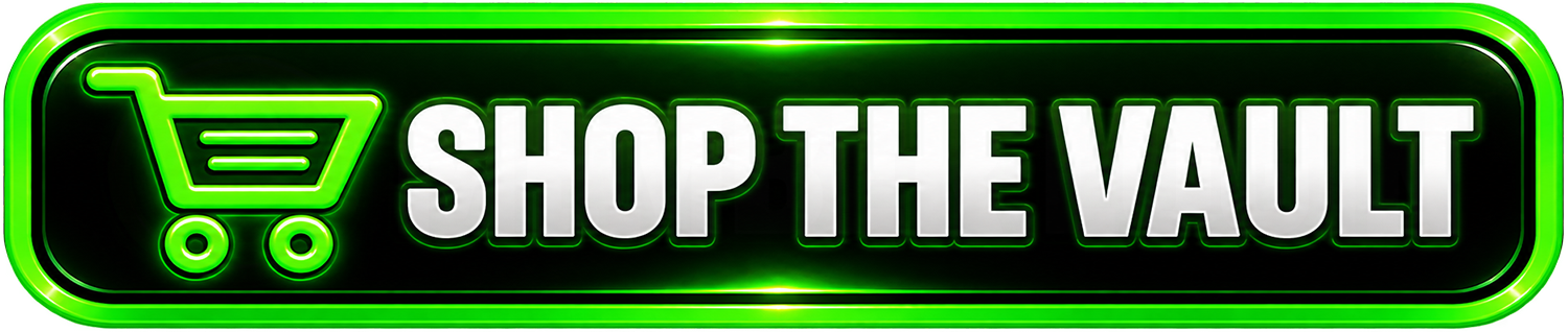 Neon green sign with a shopping cart icon and the text "Shop the Vault".