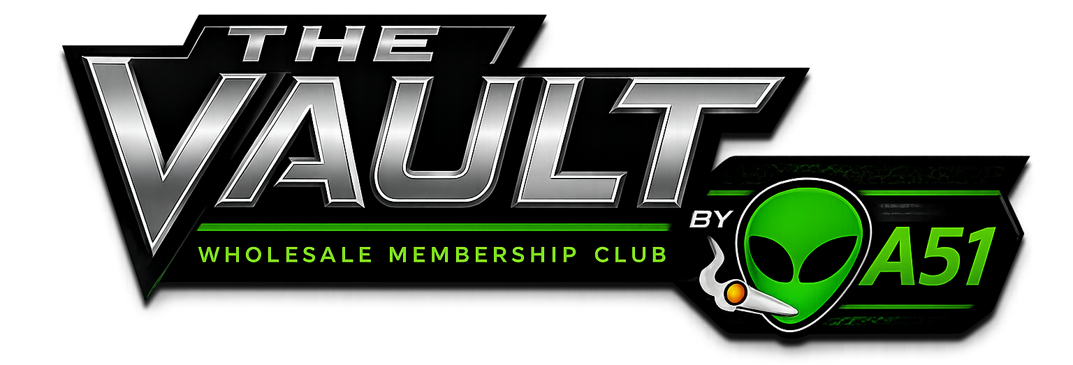 Logo for The Vault Wholesale Membership Club featuring an alien head with a smoking pipe and the text 'by A51'.