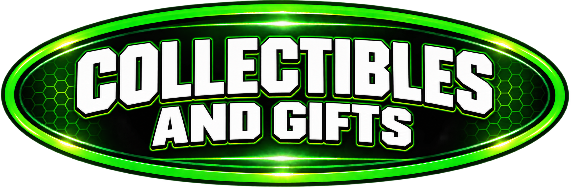 A logo with the text 'Collector's and Gifts' in bold white letters outlined in black, set against a black background with a green hexagonal pattern and a glowing green oval outline.