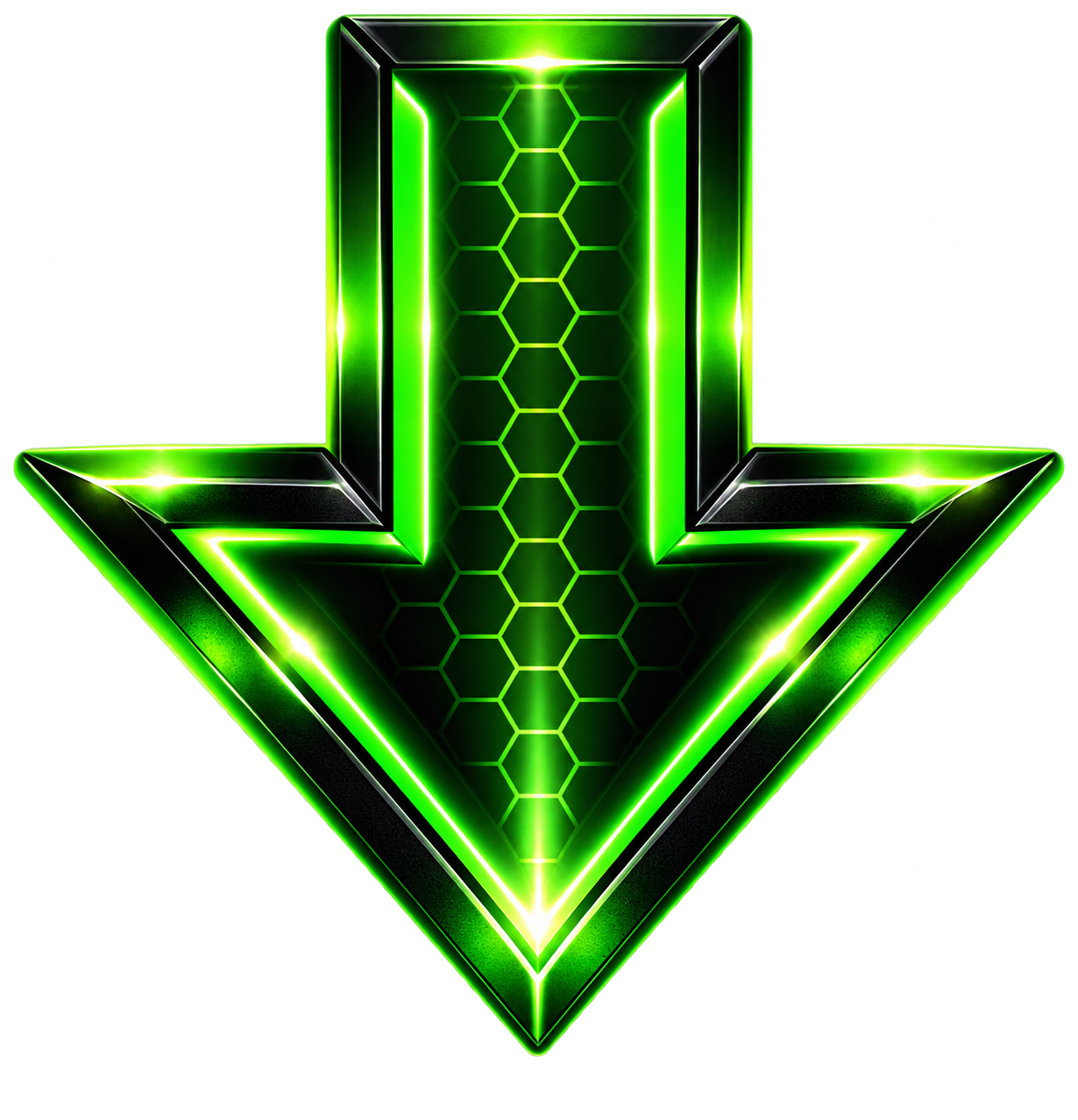 A stylized 3D green and black downward arrow with a hexagonal pattern inside, glowing edges, and neon lighting effects.
