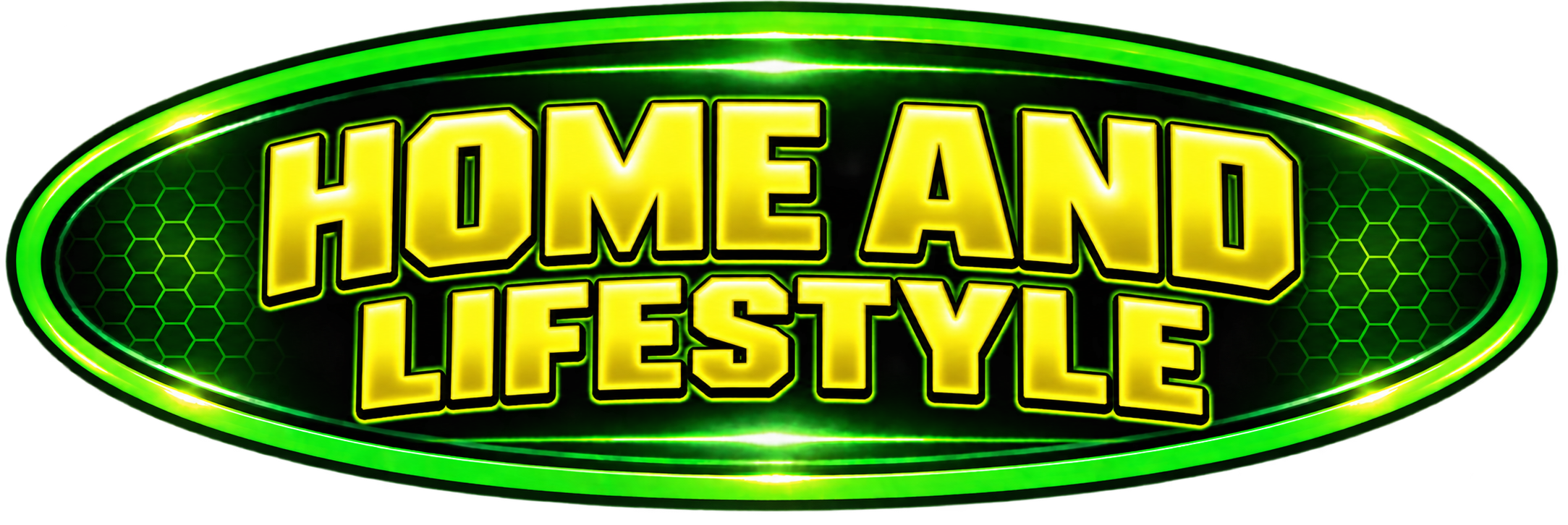 Bright neon yellow text that reads 'HOME AND LIFESTYLE' on a black background with green neon outlines and honeycomb patterns.