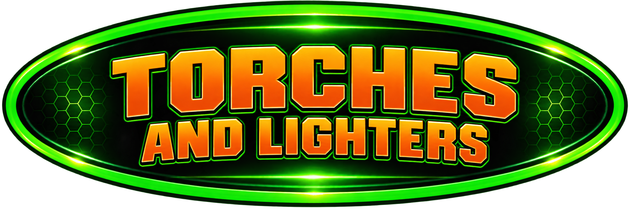 Logo for 'Torches and Lighters' with orange text outlined in black, surrounded by a green neon oval with a hexagonal pattern background.