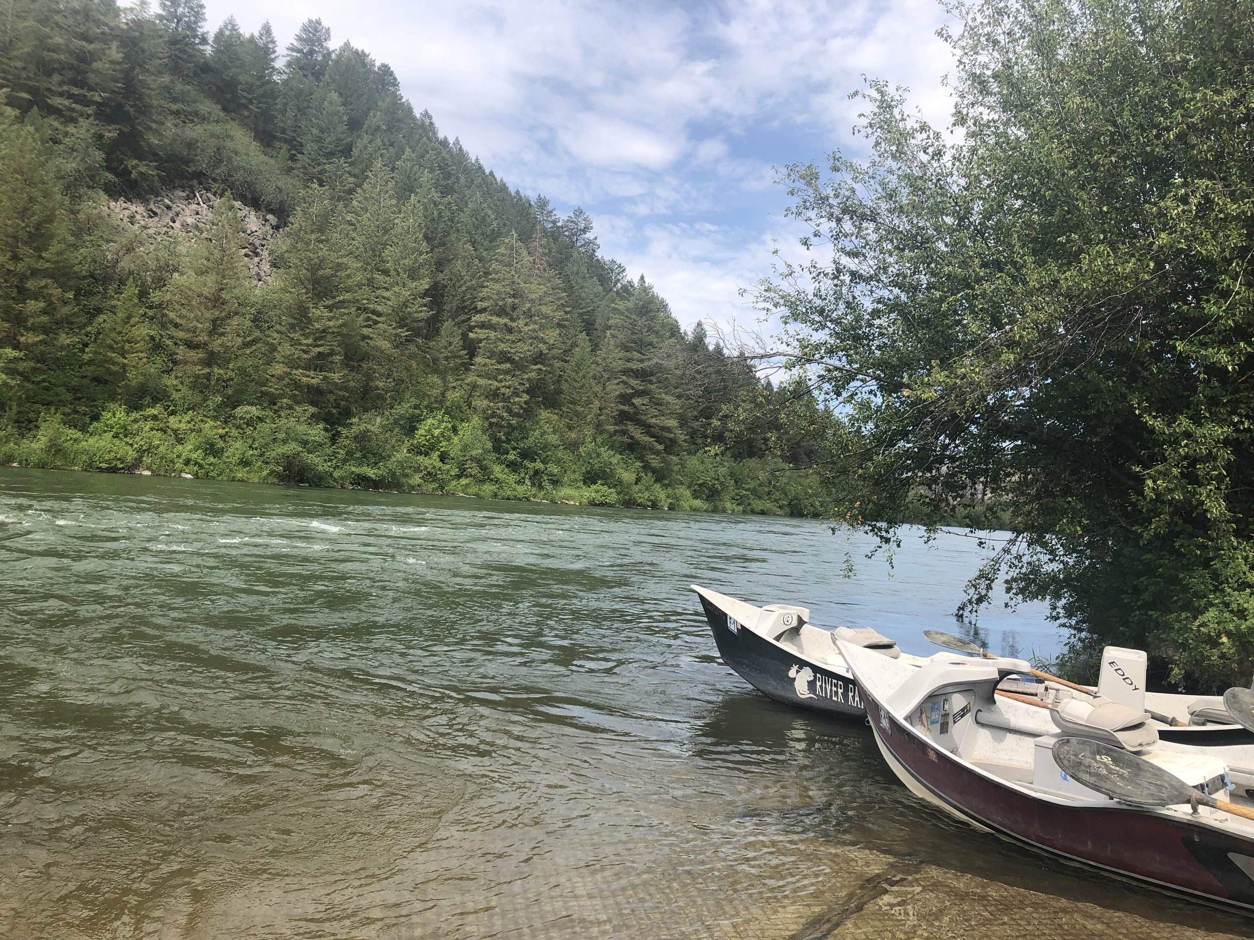 A boat is docked near the shore of a river surrounded by dense green trees and forested hills under a partly cloudy sky.