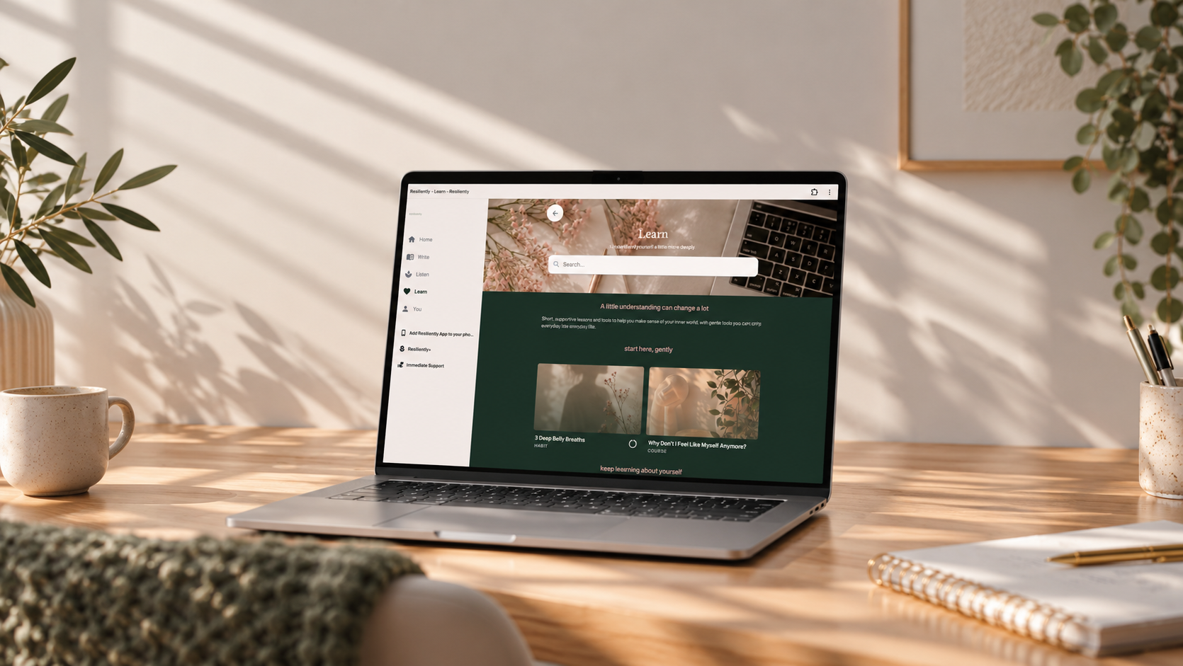 Resiliently App is web-based by design for women to learn about their nervous system, rewire their belief patterns, and understand themselves with more self-compassion