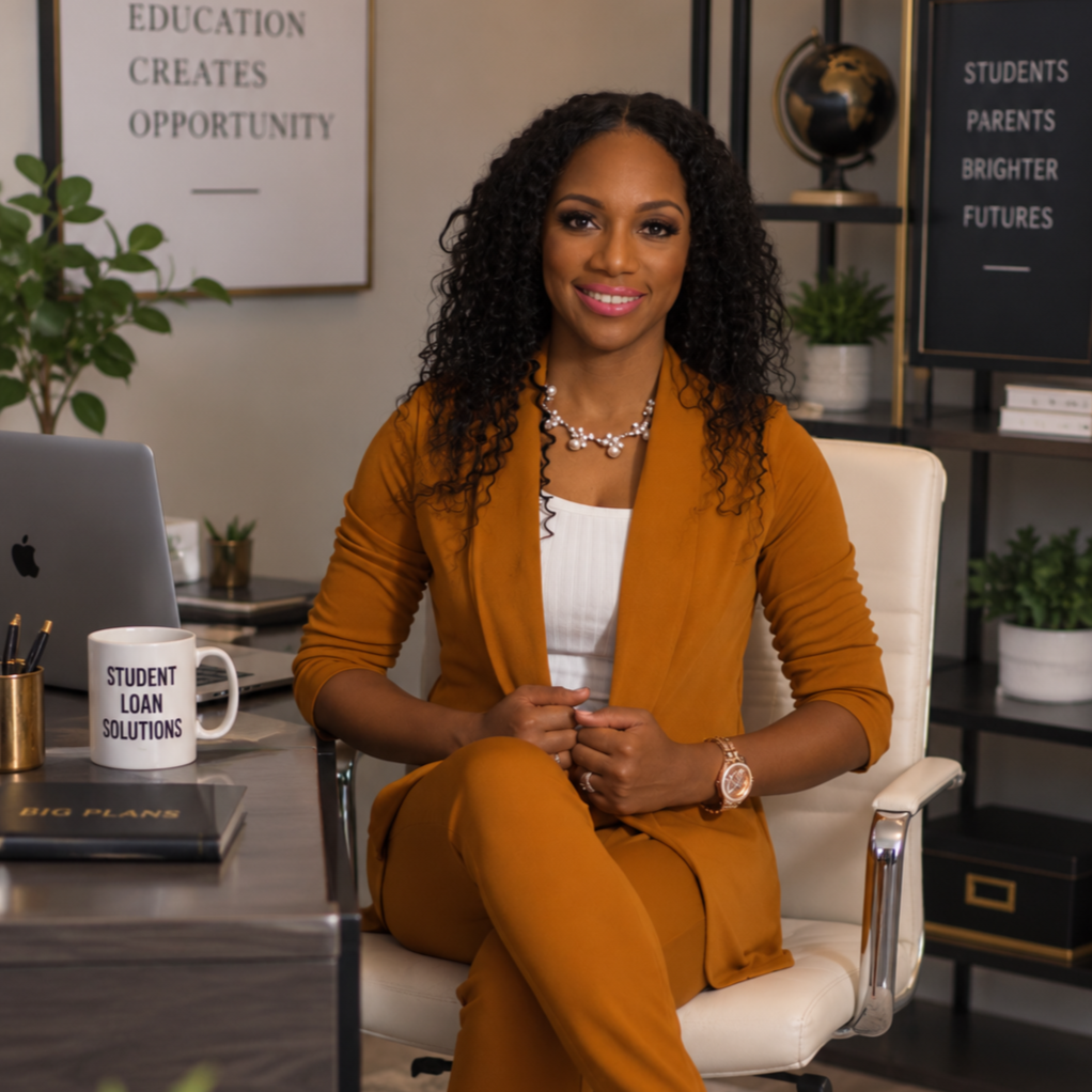 A woman sitting at a desk in an office, wearing a mustard-colored suit and smiling. There are plants, a computer, and office decor around her, with motivational posters on the wall.