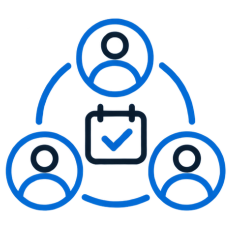 Outline of three people connected around a clipboard with a checkmark, representing teamwork or collaboration.