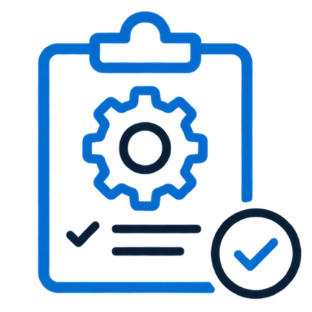 Icon of a clipboard with a gear and a checkmark.
