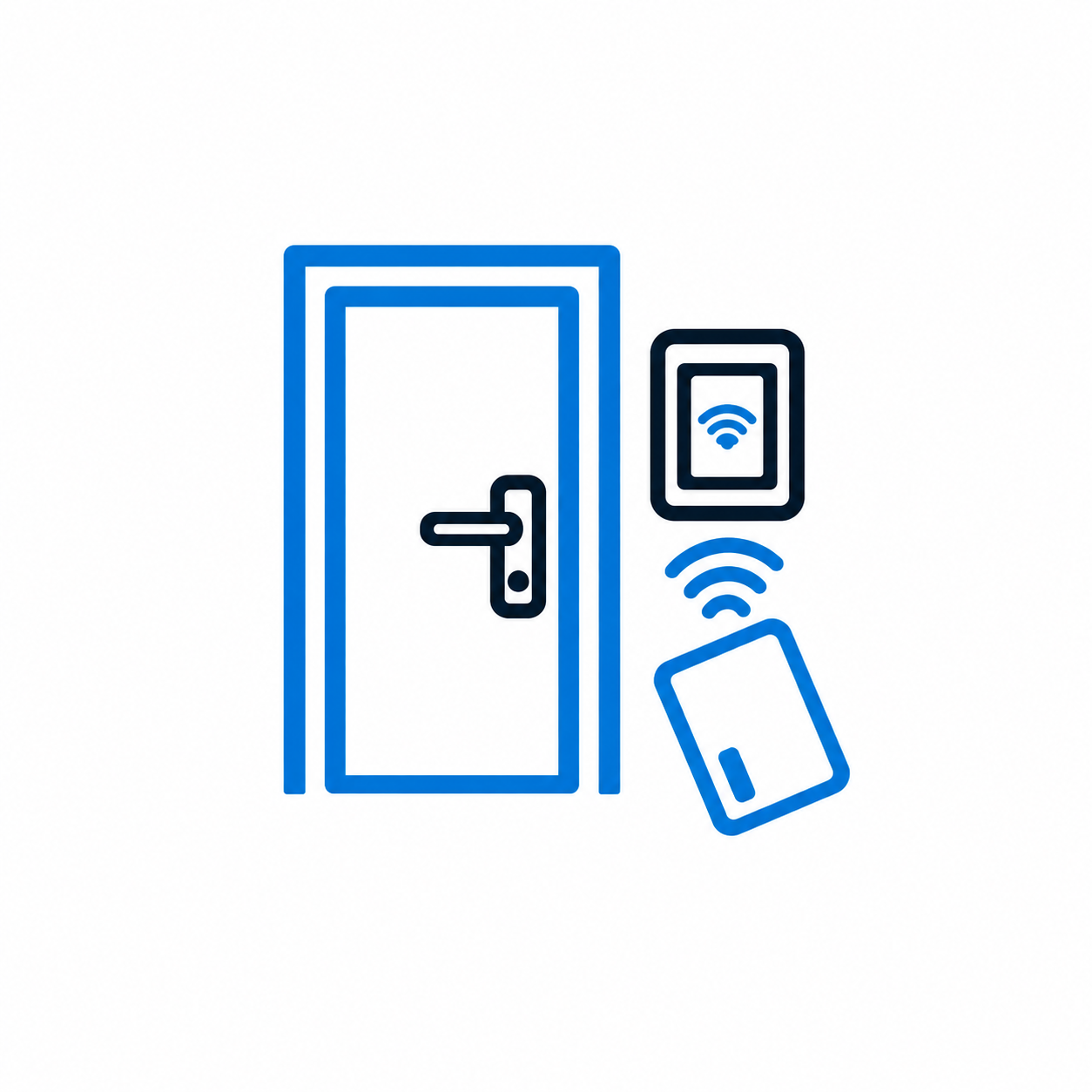 Outline of a door with a handle, a smartphone and a card with Wi-Fi signals indicating wireless connectivity.