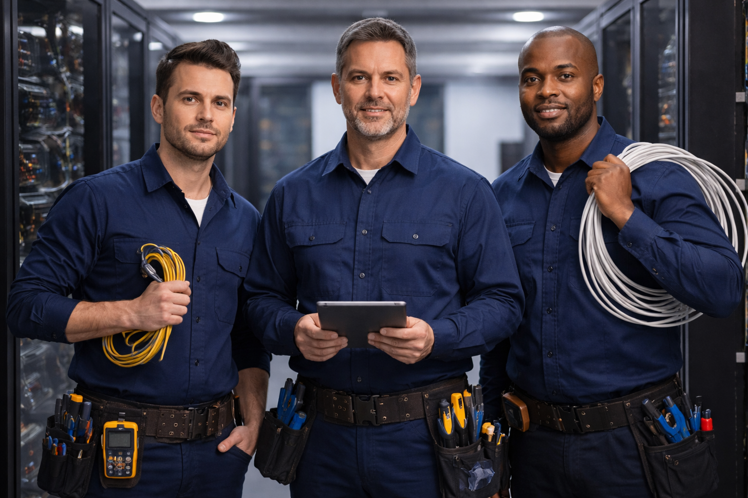 Three male technicians standing in a data center with servers, wearing navy safety uniforms, holding tools and equipment, and smiling at the camera.