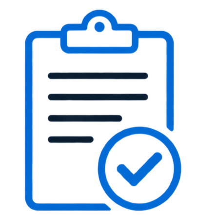 Icon of a clipboard with a checklist and a checkmark inside a circle.