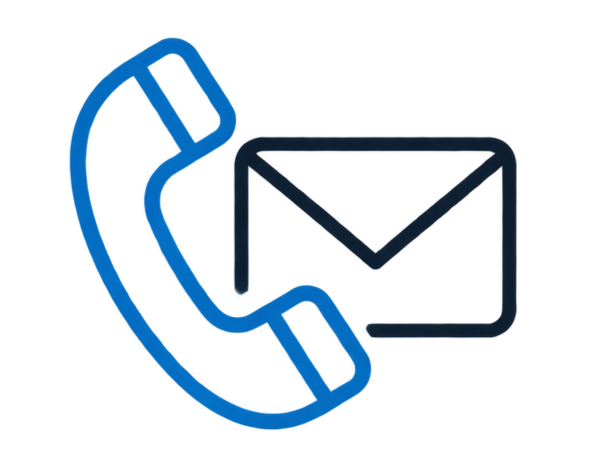 A blue telephone receiver icon next to a black envelope icon, representing a phone call and email.