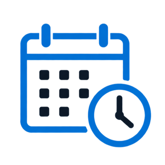 Blue calendar icon with a clock overlay.